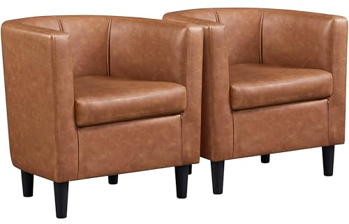 Yaheetech Leather Tub Chairs set of 2, Accent Living Room Chairs set of 2, Barrel Upholstered Armchairs, Modern Club Sofa Chairs for Bedroom Lounge Reception, Brown