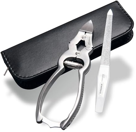 TITANIA Nagelzange Set mit Nagelfeile • Extra scharfe Kraftnagelzange für harte Fußnägel & Fingernägel • Inkl. Etui mit Saphir-Nagelfeile in Solingen Qualität • Aus rostfreiem Edelstahl