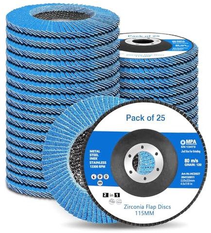 STEBRUAM 25 discos de láminas de 115 mm, discos abrasivos de láminas de grano 40/60/80/120/240 para amoladora angular con batería GWS, BTI, acero inoxidable, metal y madera (azul)