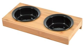 Love Story, Doppia ciotola in ceramica nera con supporto in bambù naturale, D12 cm, 29,5 x 14 cm