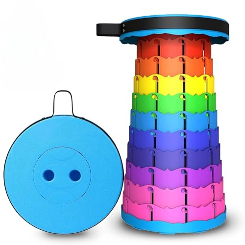 B4E Heavy Duty Portable Telescopic Folding Travel Stool – Lightweight Retractable Seat – Adjustable Height – Compact & Durable – Rainbow Colour – Ideal for Camping, Hiking, Fishing, BBQ, Travel, Garde