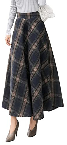 RIZ-ZOAWD Gonna Lunga Donna Inverno Vintage Vita Alta Quadri Lana Maxi Skirt Plissettata Gonne Dark Blu-XXXL