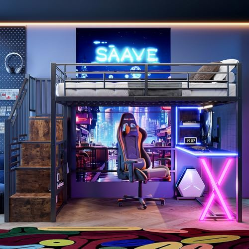 NovaFurnish Hochbett, 140x200, Mit LED-Leuchten, Ablageleiter, Schreibtisch, Kleiderschrank, Regale, ohne Matratze, Schwarz