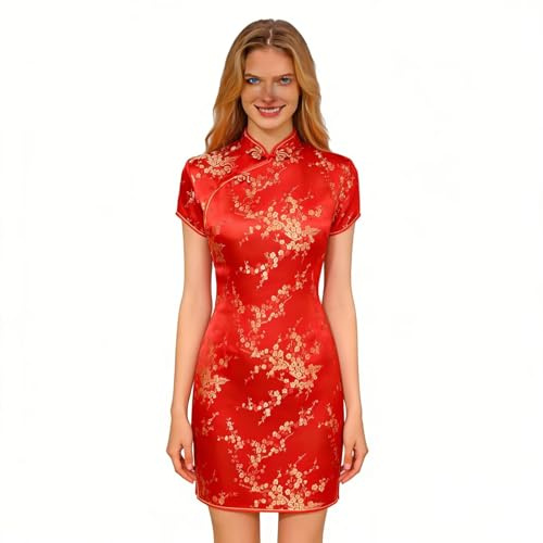 Women's Cheongsam Qipao Dress Slim Bodycon Exotic Dresses Chinese Wedding Costumes Vintage Lunar New Year Asian Mini Dress Red Plum Blossom M