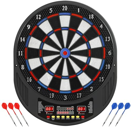 SPORTNOW Cible de fléchettes électronique à Pointe Souple avec Double écran LED, 6 fléchettes, 24 Pointes de Rechange, 33 Jeux, 202 Variantes, pour 8 Joueurs