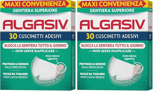 Algasiv Cuscinetti Adesivi Per Dentiera Superiore, Dura Tutto Il Giorno e Protegge Le Gengive, Tenuta 20 Volte Più Forte, 30 Pezzi (Confezione da 2)