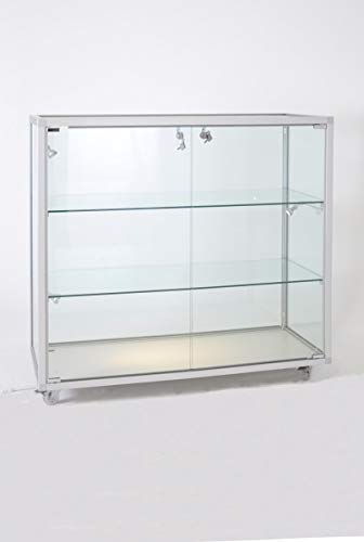 MHN Halbhohe Glasvitrine T 41,5 x B 98 x H 95 cm - breite Thekenvitrine Glas abschließbar - Flache Alu-Glas Verkaufsvitrine - ohne Beleuchtung
