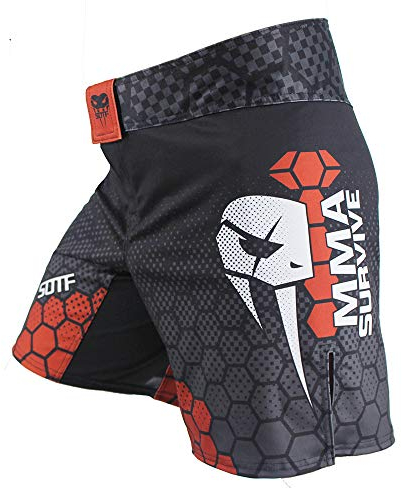 SOTF MMA Boxing Fight Shorts Mens Stretch Sports Training Shorts, Black Red With Pocket, S for waist 32-33inch