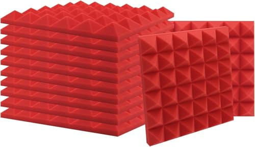 SK Studio Paquete de 12 Insonorizacion Pirámide Espuma Absorcion Aislamiento Acustica Paneles Tratamiento 30x30x2.5cm, rojo