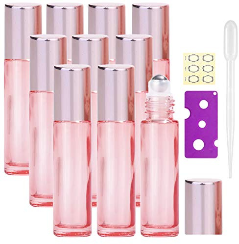 Alledomain 10Pcs, 10ml Essential Oil Roller Bottles Refillable Transparent Rose Gold Glass Roll on Bottles Clear Roll Bottles with Stainless Balls & Rose Gold Cap, Include Label, Dropper & Opener