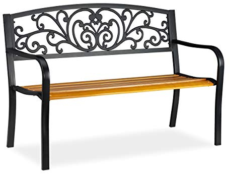 relaxdays Banc de Jardin, 2 sièges, Balcon, terrasse, Bois, métal, Rustique, H x L x P : 86,5 x 127 x 59 cm, Brun/Noir