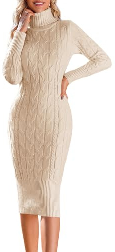 Fangetey Womens Long Sleeve Turtleneck Sweater Dresses Knitted Bodycon Midi Sheath Jumper Dresses Beige