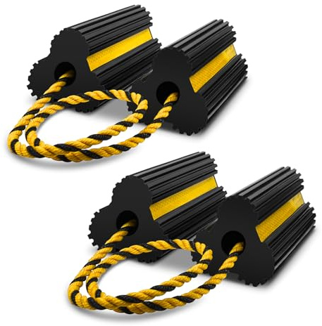 ROBLOCK 2 Pairs Wheel Chocks Heavy-Duty Rubber Wheel Block Non-Slip Base with Nylon Rope Yellow Reflective Tape - 4 Pack Wheel Stopper for Travel Trailers, Car, Camper, Truck, Black