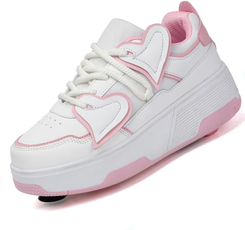 LIWLLIUA Chaussures à Roulette Garçons Filles, 2 en 1 Patins à roulettes Retractable Enfant avec 4 roulettes Frein Avant Chaussures de Skateboard Réglables Adolescents,339 Pink,36 EU