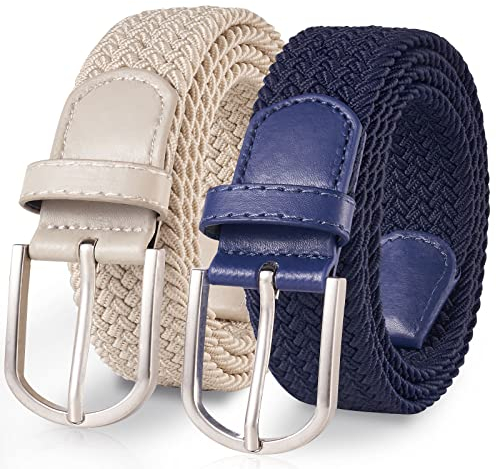 TANGCHAO 2 Stücke Stoffgürtel Stretchgürtel Elastik Flechtgürtel Geflochtener und Elastischer Dehnbarer Gürtel für Damen und Herren Breite 3.3cm Blau+Beige 100cm