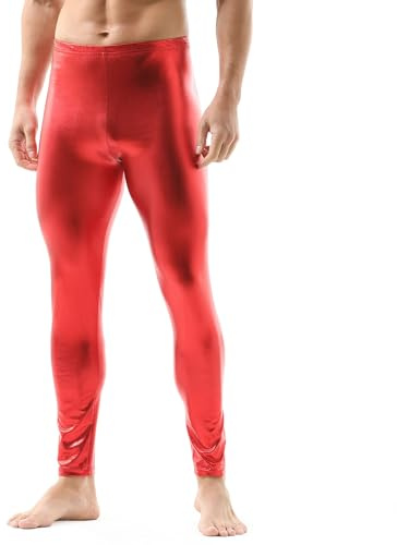 QiaTi Herr konstläder tajta byxor herr leggings långa byxor PU skinny smala byxor konstläderbyxor herr klubb dans, röd, XL