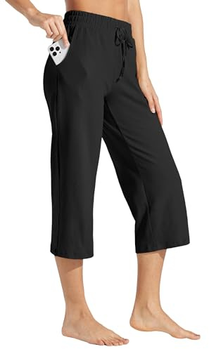WILLIT capribyxor för kvinnor, bomull, yoga, capribyxor, lediga loungebyxor, breda ben, träning, sweatpants med fickor, 50 cm, svart, L