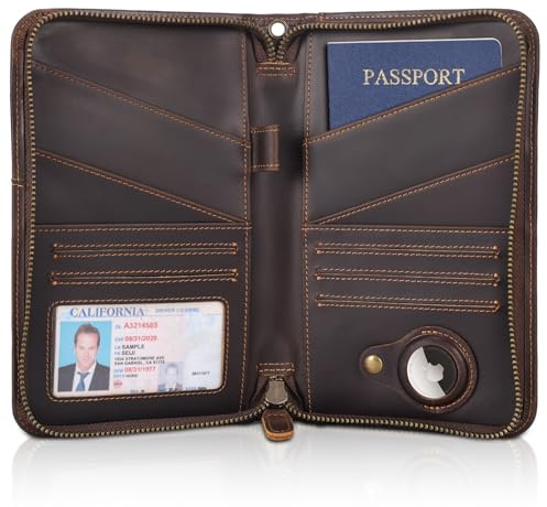 Polare Full Grain Leather Passport Holder Cover Case for Men and Women RFID Blocking Family Travel Wallet Holds 6 Passports (Dark Brown with AirTag Slot)