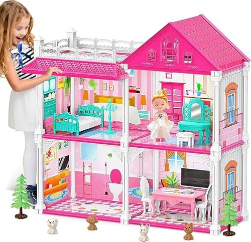 Princess Castle House for Girls, Figure and Furniture & Accessories,Dollhouse Playset with 1 Doll Toy,2-Story 4 Rooms Playhouse, Toy Gifts for Kids 3 4 5 6 7 8 9+ Year Old