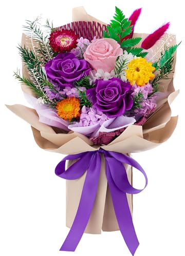 Flomoon Forever Flowers Gifts for Mom, Mothers Day Preserved Flowers Bouquet Birthday Gifts for Her, Preserved Roses for Grandma Wife Anniversary Valentines Day Christmas (Purple Paper)