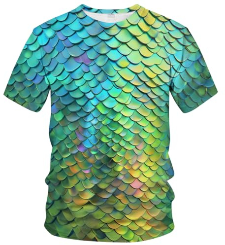 Rebaike Men's Fish Scale T-Shirt - Dragon Scale Gradient Design, Wave Striped Artistic Print,Light Green,XL