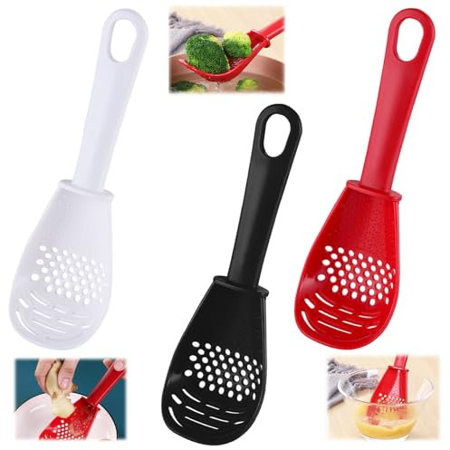 HAYGEM 3 Pezzi Cucchiaio per Alimenti Multipurpose in Materiale PP, un Schiumarola Che Combina le Funzioni di Filtrare, Macinare e Ridurre in Purea, Schiumarola per Fritti con Foro per Appendere
