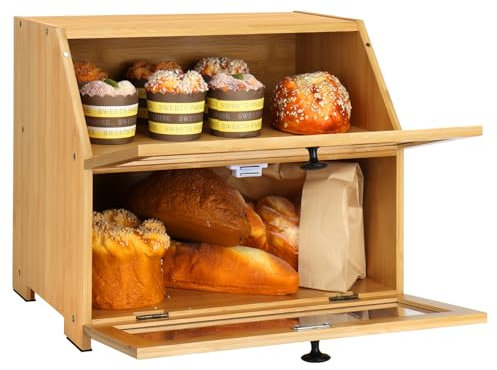RayLove Wooden Bread Box, Double Layer Bread Bin, Large Breads Storage Container for Kitchen Counter Corner, Cabinet, Pantry, Cupboard (-Assembly) (Wood Color)