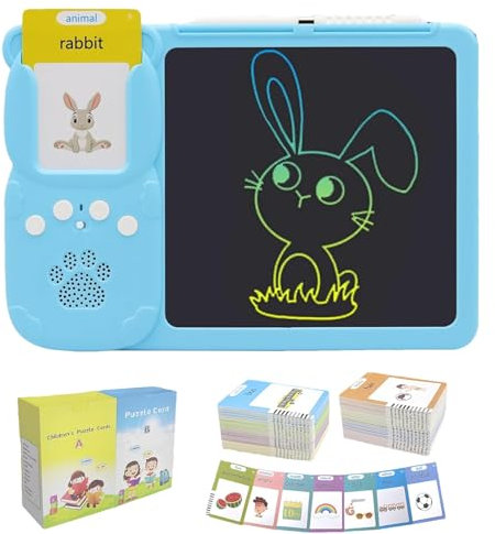 Croeve Talking Tablet LCD Drawing Tablet with Portable Language Speech Flash Cards Erasable Screen & Bilingual Learning System (Blue,224sheets words card)