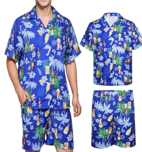 Chemise Hawaïenne Homme Bière Chemises à Manches Courtes Shorts Casual Ete Fleur Imprimé Hawaïenne Tropicales Plage Piscine Vacances (FR/ES, Alpha/Lettres, M, Taille Normale, Taille Normale, Bleu)