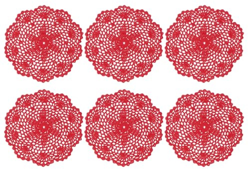 sourcing map 6 centrini all'uncinetto fatti a mano, 19,8 cm, tovagliette rotonde in tessuto, sottobicchieri in pizzo, per artigianato, uso quotidiano, festival, decorazione della casa, rosso