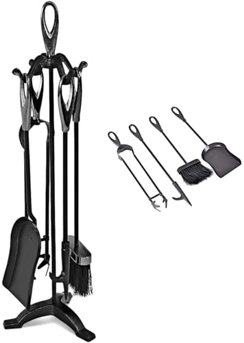 GiantexUK 5-Piece Fireplace Companion Set, Wrought Iron Fire Place Tools Set with Stand, Tong, Shovel, Brush & Poker, Fireside Wood Burner Stove Accessories (Black, 4 Hooks, 3-Point Base)
