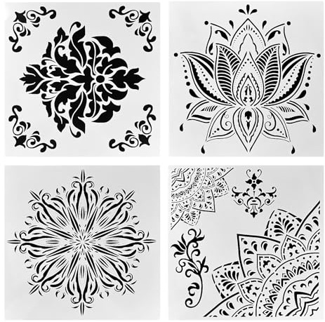 4 Pezzi 30 x 30 cm Stencil Pittura con mandala Riutilizzabili,Stencil in plastica, Mandala Templates, Stencil Pittura,Mandal Modelli in Plastica,per pavimenti, piastrelle