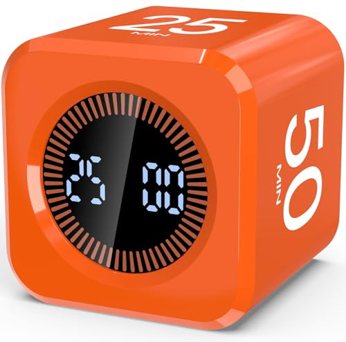 COWVTUJ Digital Pomodoro Timer Cube 5/10/25/50min, Visual Productivity Flip Timer for Kids Classroom Desk, Custom Countdown, Silent and Sound Mode for ADHD Study Work Game Kitchen (Orange)