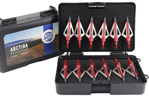 ARCTIRA 12Pcs Hunting Broadheads with Solid Case 3 Fixed Blades for Crossbow Bolts and Compound Bow Arrows Portable Broad Heads Box Archery Arrowheads for Adults (Red, 100 Grains)