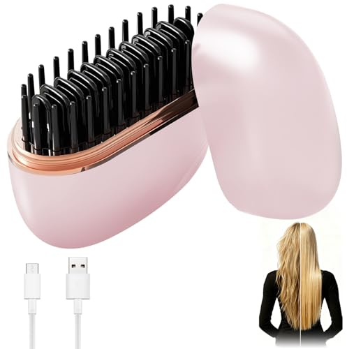 Vibbang Mini Hair Straightener Brush, 2-in-1 Mini Cordless Hair Straighteners Comb, 3-Speed Temperature Fast Heating Hot Comb with Anti-Scald Shell, USB Rechargeable, for All Hair Types Travel Home