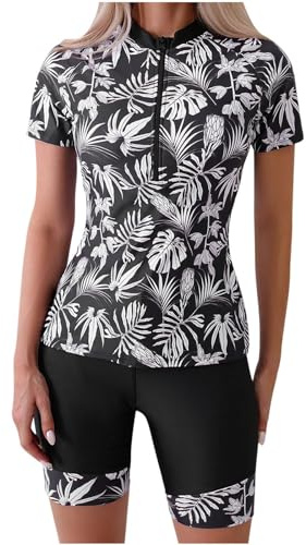 Maillots de Bain 2 Pièces Femme Rashguard Set Maillot de Surf Manches Longues Protection Solaire Anti-UV T-Shirt Top de Sport pour Vacances Surf Plage Natation Maillot de Bain Shorty Séchage Rapide