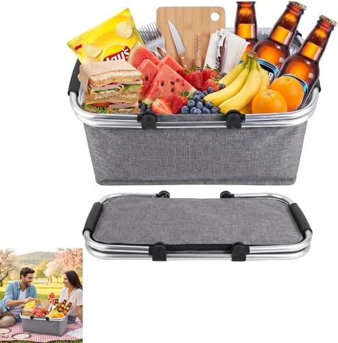 Vikbar shoppingkorg, 18 l, termos som picknickkorg, shoppingkorg med kylfunktion, bärkorg, för picknick, resor, shopping (grå)