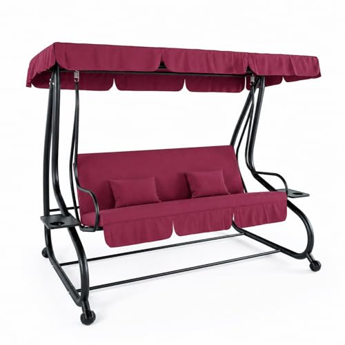 Dondolo 3 Posti Reclinabile Madeira Tettuccio Parasole Regolabile Cuscini Imbottiti Diventa Letto Struttura Robusta In Acciaio Verniciato Giardino Esterno Balcone Terrazzo 200 x 120 x 160 cm Bordeaux