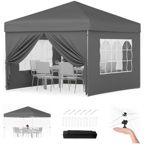 GarveeLife Carpa Plegable Pop-up Gazebo 3x3 m con 4 Paredes Laterales 4 Sacos Arena y Bolsa de Transporte Cenador Plegable protección UV para Camping, Fiestas, Exterior, Color Gris