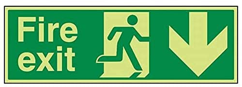 V Safety 14002BJ-GS Glow In The Dark Fire Exit Arrow Down Sign - 450mm x 150mm - Self Adhesive Vinyl