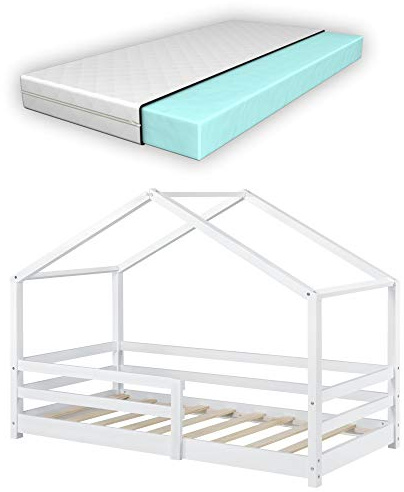 [en.casa] Kinderbett Knätten mit Matratze und Rausfallschutz 80x160cm Hausbett mit Kaltschaummatratze Bettenhaus mit Lattenrost Kiefernholz Kleinkindbett Weiß