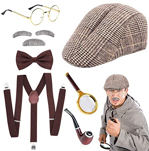 JORAKI 20er Jahre Herren Accessoires,Sherlock Holmes Detektiv Kostüm Zubehör mit Hut Lupe Elastischer Y-Rücken Hosenträger Fliege Bart Augenbrauen Brille für Karneval Maskerade Event Party