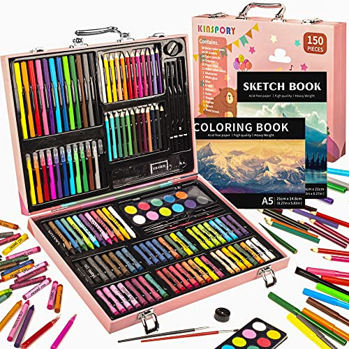 KINSPORY Premium Malkoffer Deluxe 150-teilig Malset für Kinder Anfänger Tolles Buntstifte Set, Wasserfarben, Ölpastellfarbe, zeichenstifte, Bleistifte als Zeichenset Geschenk Kinder
