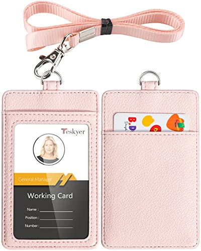 Teskyer Card Holder with Lanyard, ID Badge Holder, Oyster Card Holder, Bus Pass Holder, with Clear Window, Holding 2 Cards, PU Leather, Light Pink