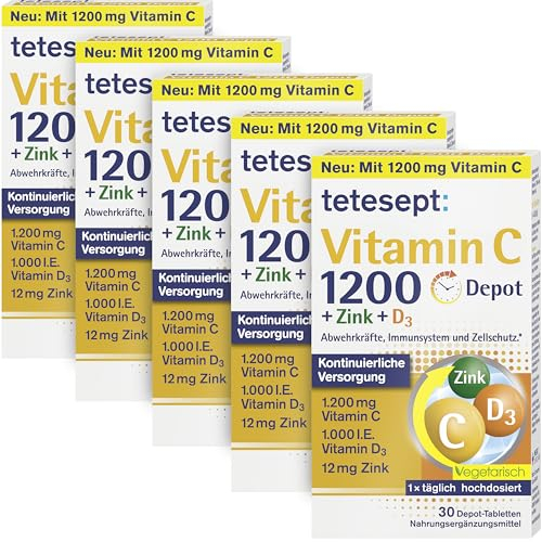 tetesept Vitamin C 1200 + Zink + D3 – Nahrungsergänzungsmittel mit Vitamin C, D3 und Zink zur Unterstützung des Immunsystems, des Zellschutzes und der Knochen – 5 x 30 Vitamin Tabletten