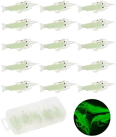 OriGlam 15 Pièces Leurre de Crevette en Plastique Souple, Appât de Pêche Artificiel, Crochet d'Appât Lumineux