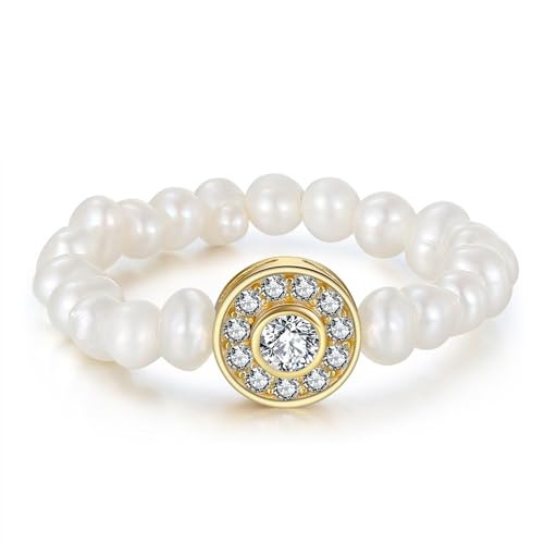 Bellitia Jewelry Anelli Elastici di Perline per Donne Ragazze Anello Regolabile Fatto a Mano con Perle d'Acqua Dolce & Zirconi, Gioielli di Perle Barocche in Argento 925