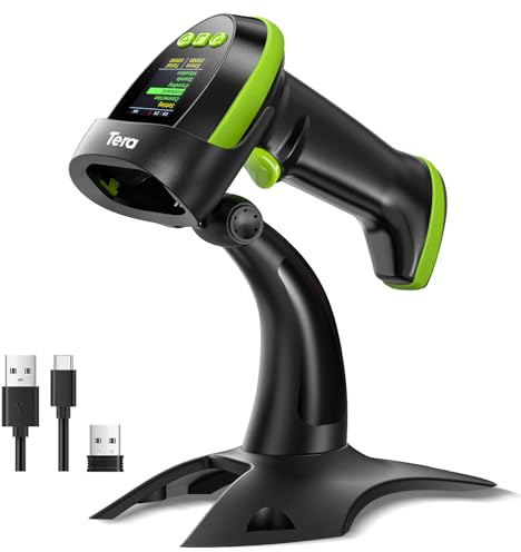 Tera Scanner di codici a barre wireless 2D con supporto: versione Pro con schermo di regolazione digitale e tastiera, funziona con Bluetooth 2,4 G cavo USB wireless extra veloce portatile HW0009-Z