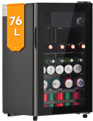 DRIXNO 76L Mini Kühlschrank mit Gefrierfach, Getränkekühlschrank mit Glastür, Klein Kühlschrank Getränke, 6L-Gefrierschrank + 70L-Kühlschrank, fasst bis zu 51 Dosen Limonade, Wasser, Bier, Wein.
