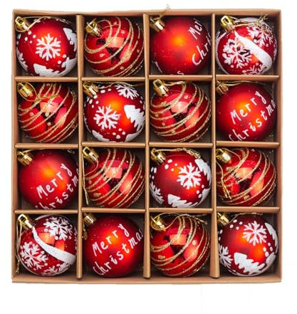 SULOLI 16 Pezzi Palline di Natale,Accessori Decorazioni Albero di Natale,Addobbi Palline per Albero di Natale (Bianco-Oro-Rosso)